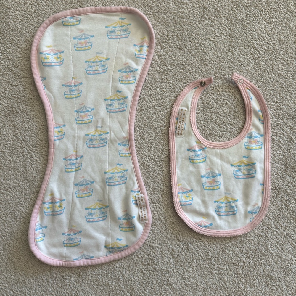 Beaufort Bonnet Company Burp Cloth and Bib Set - Pink Carousel Print